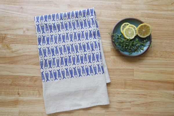 Fish Kitchen Towel, Handprinted Tea Towel, Coastal Towel