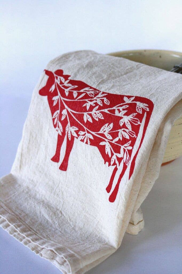 Cow Tea Towel, Handprinted Kitchen Towel, Farmhouse Style