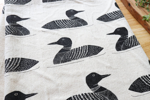 Handprinted Common Loon Kitchen Towel –Natural, Eco-friendly