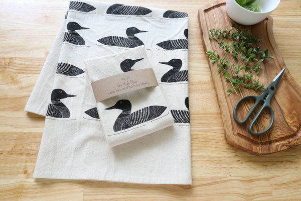 Handprinted Common Loon Kitchen Towel –Natural, Eco-friendly