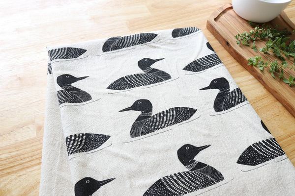 Handprinted Common Loon Kitchen Towel –Natural, Eco-friendly