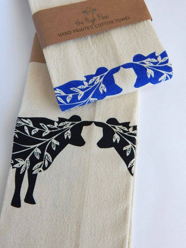 Cow Tea Towel, Handprinted Kitchen Towel, Farmhouse Style