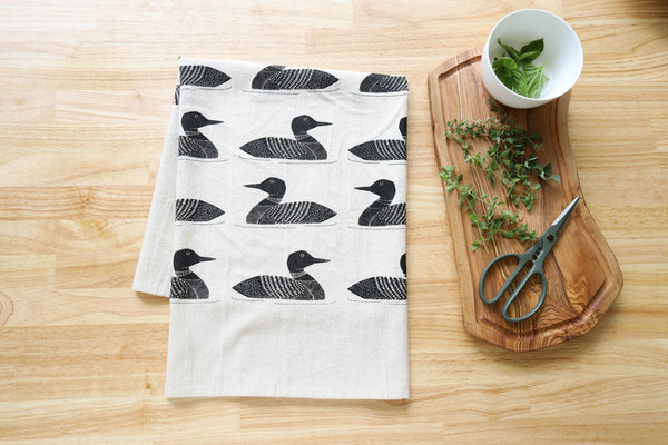 Handprinted Common Loon Kitchen Towel –Natural, Eco-friendly