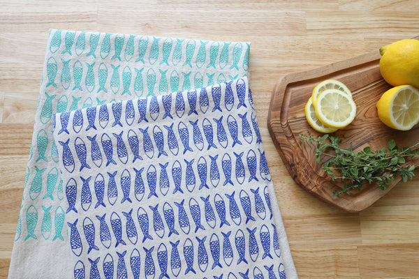 Fish Kitchen Towel, Handprinted Tea Towel, Coastal Towel