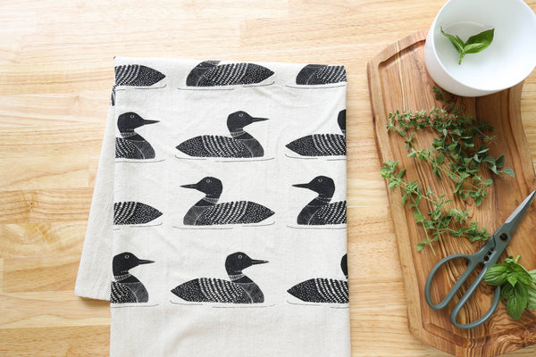 Handprinted Common Loon Kitchen Towel –Natural, Eco-friendly