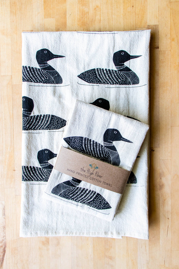 Handprinted Common Loon Kitchen Towel –Natural, Eco-friendly