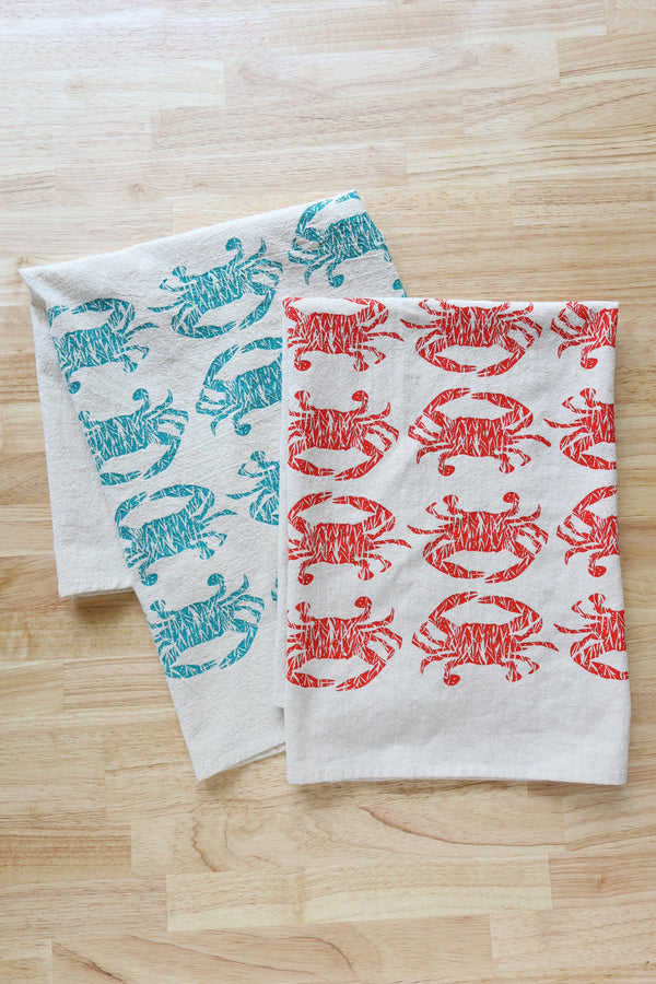 Crab Handprinted Kitchen Towel, Coastal Tea Towel, Blue Crab