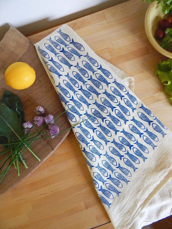 Fish Kitchen Towel, Handprinted Tea Towel, Coastal Towel