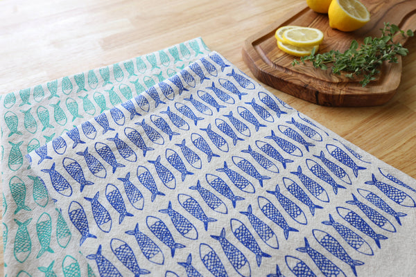 Fish Kitchen Towel, Handprinted Tea Towel, Coastal Towel
