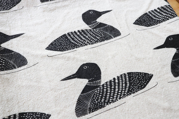 Handprinted Common Loon Kitchen Towel –Natural, Eco-friendly