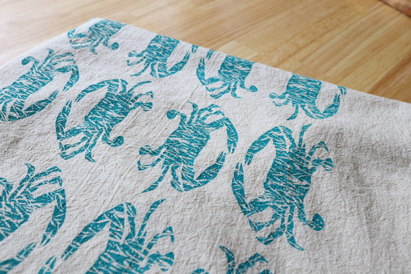 Crab Handprinted Kitchen Towel, Coastal Tea Towel, Blue Crab