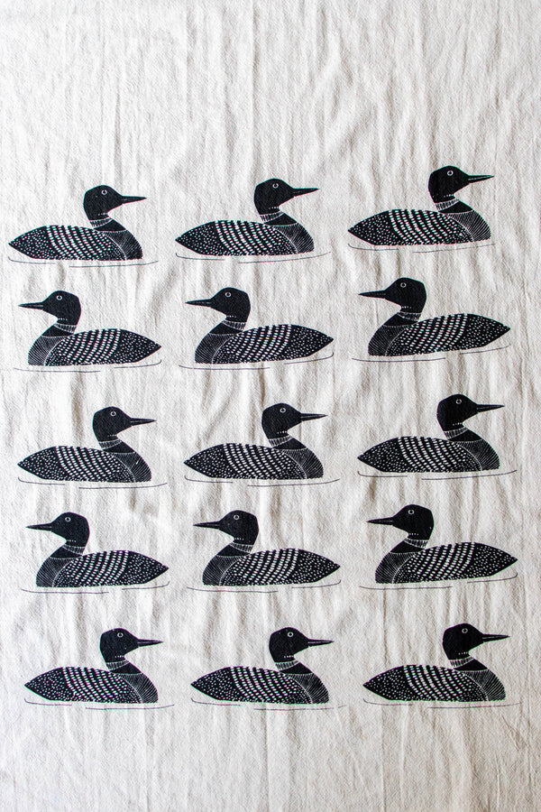 Handprinted Common Loon Kitchen Towel –Natural, Eco-friendly