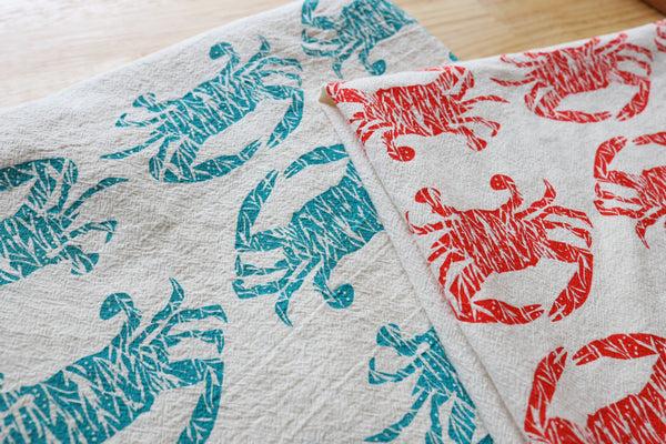 Crab Handprinted Kitchen Towel, Coastal Tea Towel, Blue Crab