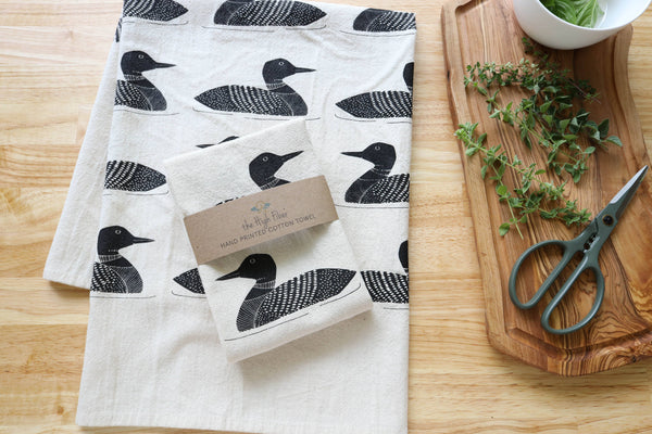 Handprinted Common Loon Kitchen Towel –Natural, Eco-friendly