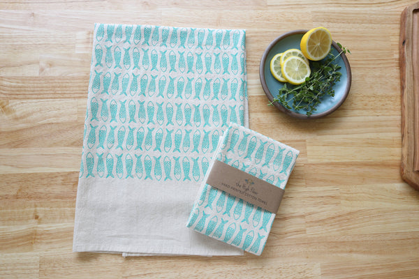 Fish Kitchen Towel, Handprinted Tea Towel, Coastal Towel