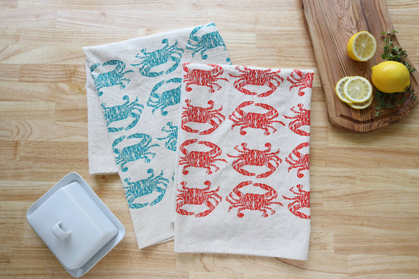 Crab Handprinted Kitchen Towel, Coastal Tea Towel, Blue Crab