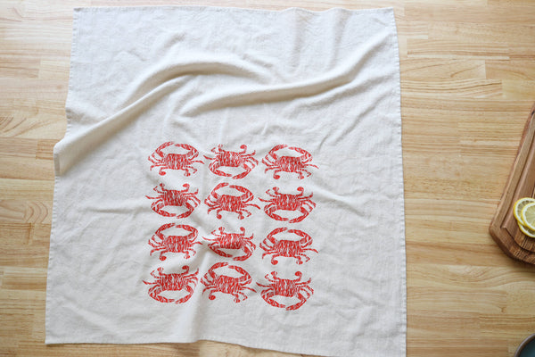 Crab Handprinted Kitchen Towel, Coastal Tea Towel, Blue Crab