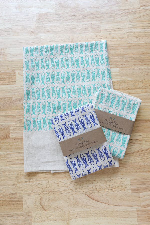 Fish Kitchen Towel, Handprinted Tea Towel, Coastal Towel