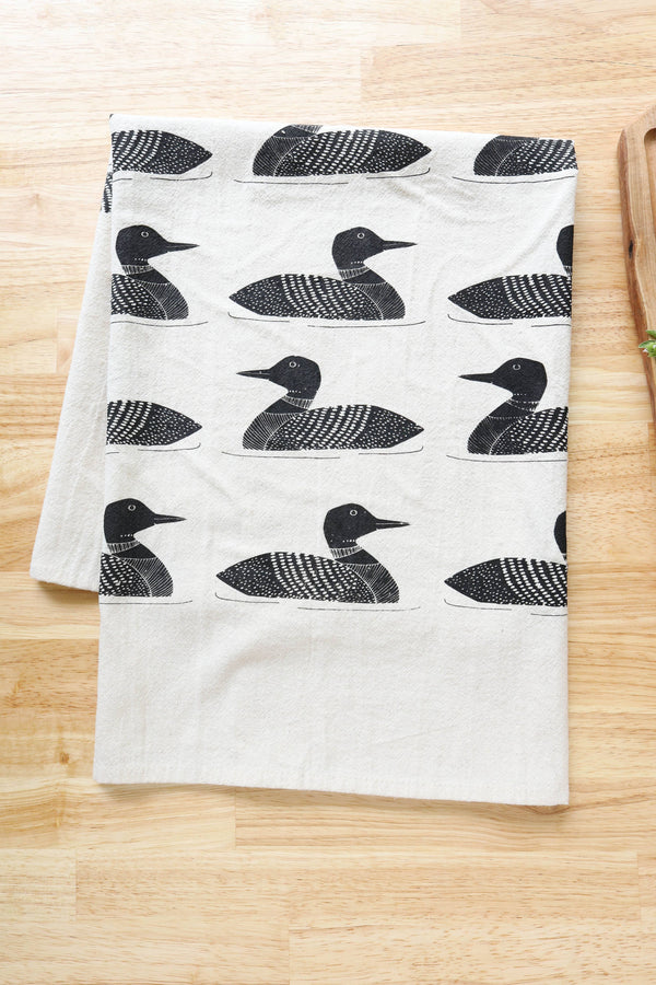 Handprinted Common Loon Kitchen Towel –Natural, Eco-friendly
