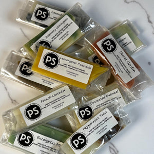 Assorted scents of Potager Soap brand soap on a marble surface