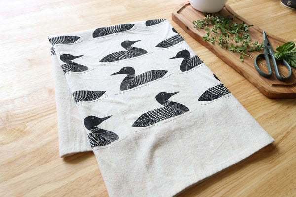 Handprinted Common Loon Kitchen Towel –Natural, Eco-friendly