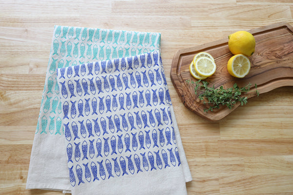 Fish Kitchen Towel, Handprinted Tea Towel, Coastal Towel