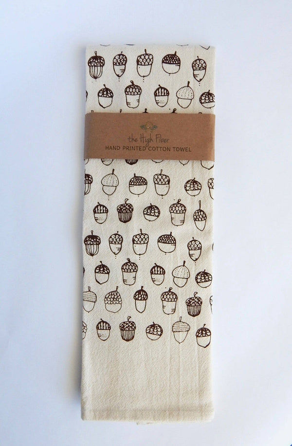 Handprinted Acorn Fall Kitchen Towel – Natural Cotton