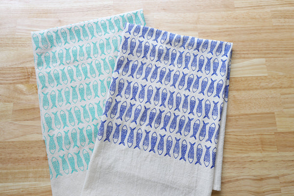 Fish Kitchen Towel, Handprinted Tea Towel, Coastal Towel