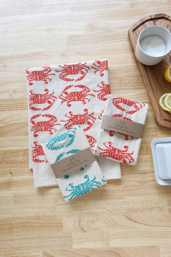 Crab Handprinted Kitchen Towel, Coastal Tea Towel, Blue Crab