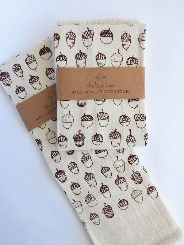Handprinted Acorn Fall Kitchen Towel – Natural Cotton