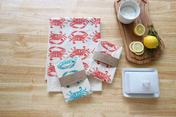 Crab Handprinted Kitchen Towel, Coastal Tea Towel, Blue Crab
