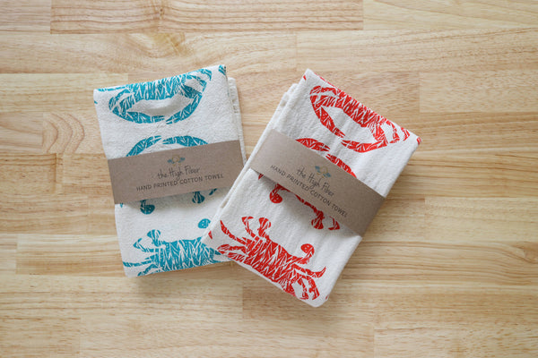 Crab Handprinted Kitchen Towel, Coastal Tea Towel, Blue Crab