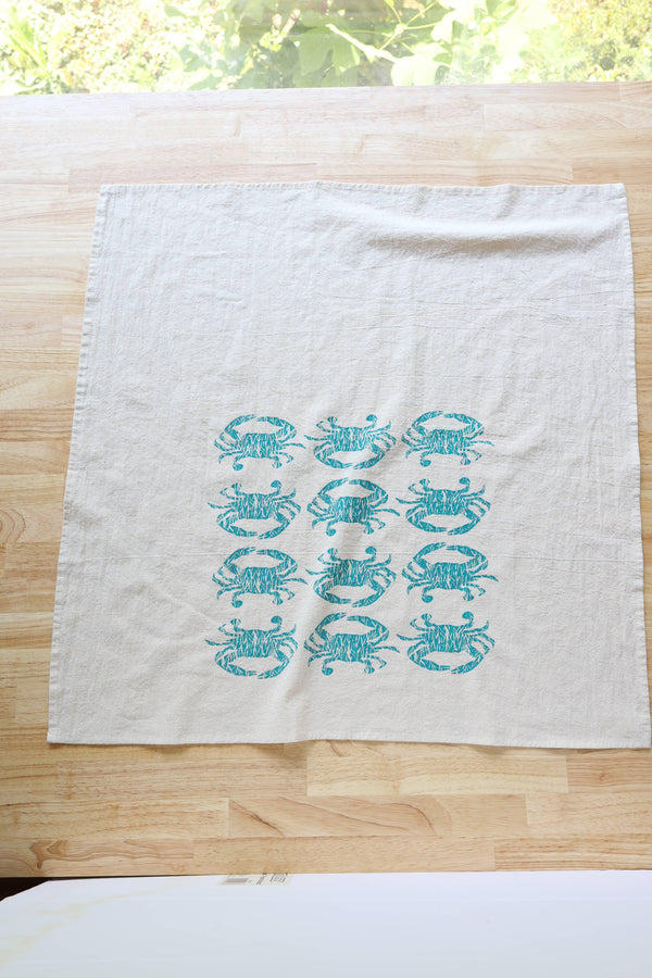 Crab Handprinted Kitchen Towel, Coastal Tea Towel, Blue Crab