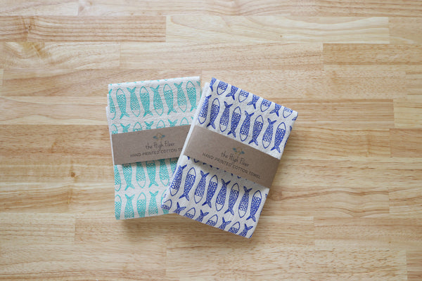 Fish Kitchen Towel, Handprinted Tea Towel, Coastal Towel