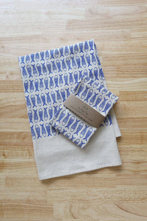 Fish Kitchen Towel, Handprinted Tea Towel, Coastal Towel