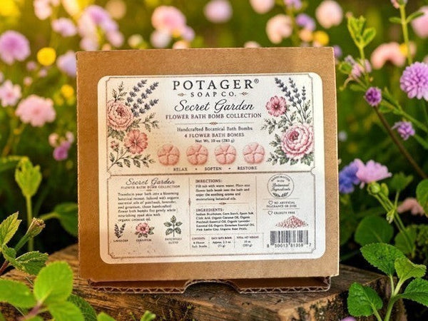 Potager Soap Co. Secret Garden bath bomb collection box featuring botanical illustrations in a lush garden setting.