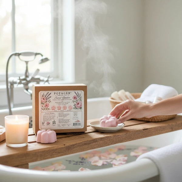 Potager Soap Co. Secret Garden bath bomb set with pink flower-shaped bombs, candle, and rose petals in a relaxing bath.