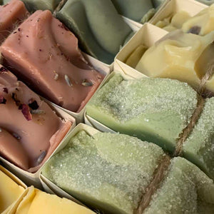 Monthly soap subscription box from Potager Soap Co. featuring artisan handcrafted organic soap bars in seasonal scents